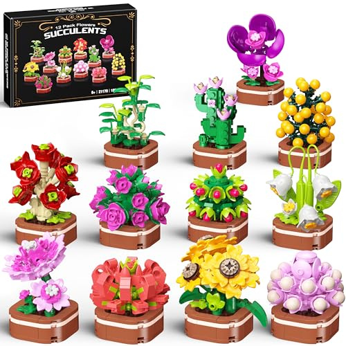MOGZZi Kit de Construction Mini Bouquet Bonsai 12-en-1, 1001 PCS Fleurs Artificielles avec Roses, Tournesols et Orchidées, Cadeau pour Enfants 6+ et Adultes, Noël, Fête des Mères & Saint-Valentin