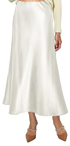 Vossmi Falda de Satén para Mujer Cintura Alta Elástica Midi Falda Casual Skirt A-Línea con Cremallera Elegante Larga Faldas de Seda Maxi Plisada Skirts Fiesta Saten Otoño