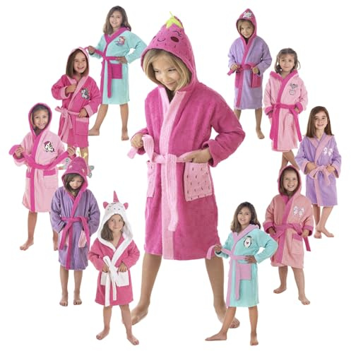 LEBENGOOD - Accappatoio Bambina Cotone - 100% Cotone OEKO-TEX® - 2 Tasche, Cintura, Cappuccio, accappatoio in spugna morbida con ricami per bambini (6-8 Fresa)