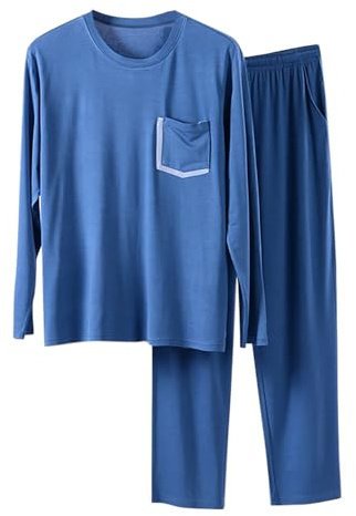 Generisch Pijama largo para hombre, juego de dos piezas, otoño e invierno, ropa de dormir de modelo, cuello redondo, manga larga, parte superior y pantalones de pijama, pijama holgado, cómodo, 2