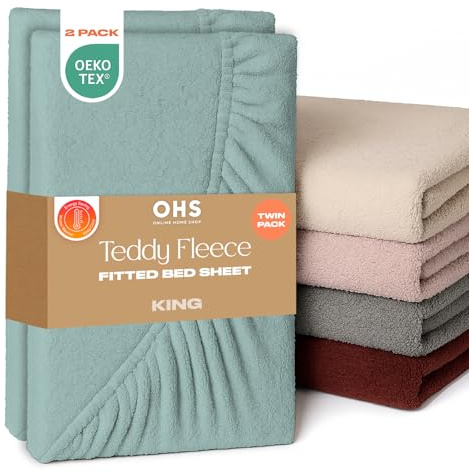 Brentfords Teddy Fleece Fitted Sheet King size 2 Pack, Soft Warm Thermal Teddy Bear Bedding Deep Pocket 25cm Fade Resistant Cuddly Cosy Fluffy 2 Pack Fitted Sheet, Duck Egg - King