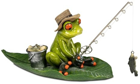 formano grodfiskare på blad handmålad dekorativ figur av polyresin 19 x 14 x 9 cm – humoristisk levande koration med fiskemotiv – serie grodhus – glänsande