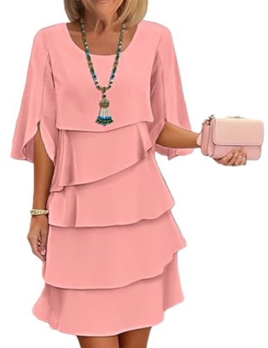Générique Robe Élégante pour Femme À Manches À Volants Superposés – Col Rond, Coupe Ample Et Fluide, Longueur Mini – Idéale pour Soirées Et Mariages – Manches 3/4 Et Jupe À Étages (Rose,M)