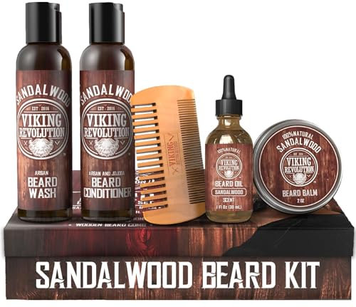 Viking Revolution - Kit Barbe Homme - Adoucit, Hydrate & Soulage les Démangeaisons - Contient Après Shampoing & Shampoing Barbe, Peigne Barbe, Baume & Huile Barbe Homme - Bois de Santal