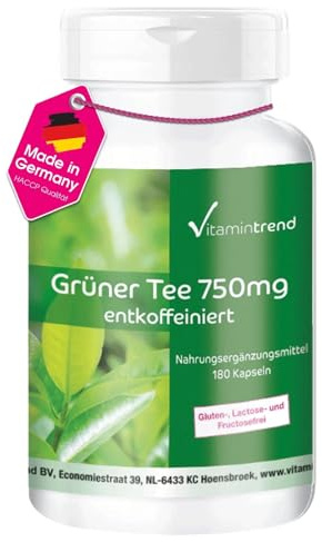 Vitamintrend Grüner Tee Extrakt 750mg, 180 Kapseln, hochdosiert mit 98% Polyphenolen, Nahrungsergänzungsmittel vegan ohne Magnesiumstearat, in Deutschland hergestellt
