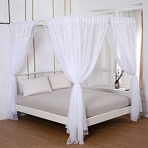 Akiky Princess Canopy Bed Curtains Bed Canopy Curtains with Lights for Queen Size Bed Drapes,8 Panels Canopies with Lights,Room Décor (Full/Queen, White)
