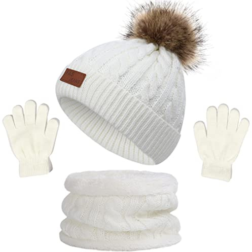 NLAND 3 in 1 Set de Bufanda Gorro Guantes Niña Niño Conjunto de Cálido Gorro de Punto Invierno con Pompon, Braga Cuello con Forro Polar y Guantes Termicos para Niña Niño 2-6 Años(Blanco,Talla única)