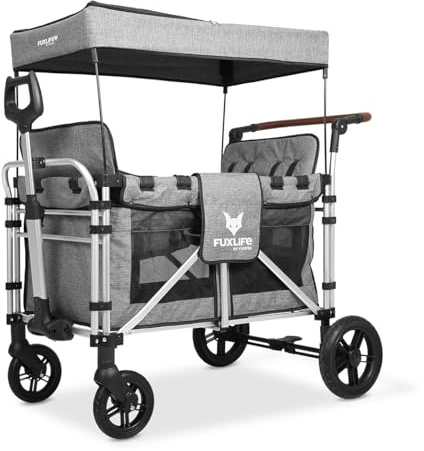 FUXLIFE FX-CTXL900 Premium XL Folding Wagon for 4 Kids with Raised Double Seats, 5-Point Safety Belts & Sun Canopy – Foldable Handcart with Solid Rubber Tyres – Premium Grey
