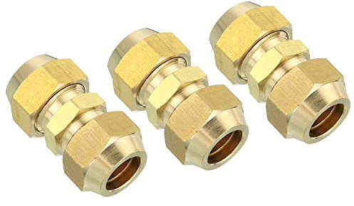 PATIKIL 1/2 OD Brass Flare Union Connector, 3 Set Air Conditioning Copper Double Pipe Extension Joint Connectors Pipe Hose Fitting with Nut, 1.46 x 0.75inch