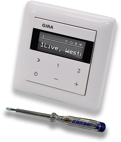 Gira Unterputz IP Internetradio 232003 + Bluetooth - System 55 - reinweiß glänzend mit 1fach Rahmen Gira 021103 inkl. EBROM Phasenprüfer zur Montage des Geräts