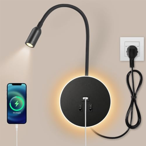 AWEKLIY 3W+8W LED Schwanenhals leselampe wandlampe USB-Aufladung mit schalter wandleselampe Bettlampe Nachtlicht innen Leselicht Schlafzimmer Nachttischlampe 3000K, mit Stecker und Kabel,Schwarz