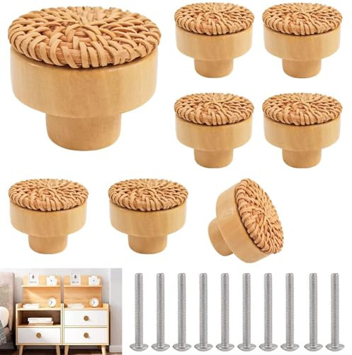 RUNEAY Möbelknoppar rotting, 8 stycken, 40 mm skåpknoppar rotting, byrå, lådknappar, möbelknoppar, trä, boho, träknappar, natur, skåphandtag, trä, möbelhandtag, skåp, trähandtag för skåp