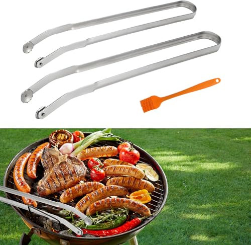 WEDNOK 2 Stück BBQ Grillzange mit Rädchen Drehbar Grillzange Edelstahl 38cm Lange Würstchen Wendezange Wurst Drehzange Grill Kochzange mit Silikon Bürst Wenden Küchenzange für Kochen Grill Buffet