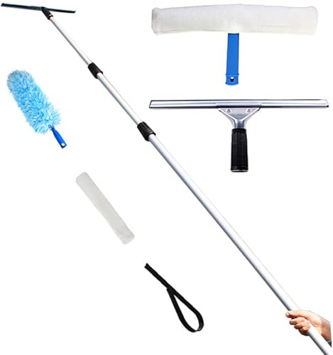 Lavavetri Tergivetri Puliscivetri 4 6 Metri 7 9 15 M Lavavetri professionale, Kit di lavaggio 3 in 1 con 2 tergivetri e lavacristalli/ 1 ventaglio di polvere, Strumenti per la pulizia del vetro per fi
