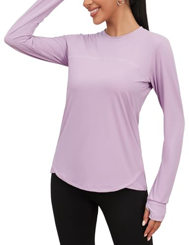Gyabnw Long Sleeve Sports Tops UK UPF 50+ Women Lightweight Crew Neck Running Yoga Workout T-Shirts Ladies Breathable Casual Golf Activewear Top with Thumbhole Purple