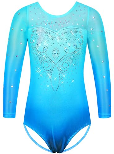 HUAANIUE Justaucorps de gymnastique à manches longues pour fille - Justaucorps de danse dégradée pour enfants de 3 à 12 ans, Justaucorps long dégradé bleu 18, 10-11 ans
