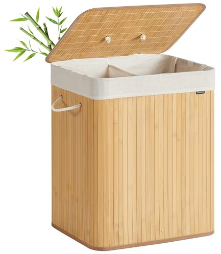 SONGMICS Cesto de la Ropa Sucia con Tapa, 2 compartimentos, 120 L, Cesta de Lavandería de Bambú, Plegable, con Bolsa Lavable Extraíble, Asas, para Lavandería, Dormitorio, Natural LCB014Y01