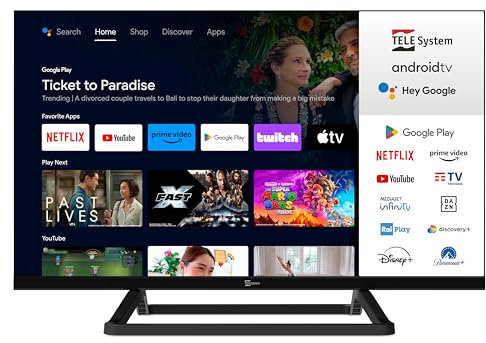 TELE System Smart TV 24 Pollici TS24FL SMG14 Android TV, DVB-T2,Certificato CAM tivùsat HD, 12V DC/220V AC, Telecomando con Controllo Vocale Google Assistant