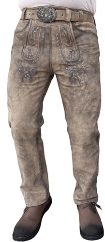 sais Herren lang Lederhose Tracht - Oktoberfest Trachtenhose Herren Wildbock bayrische Lederhose mit Gürtel in Gr. 46-58 (DE/NL/SE/PL, Numerisch, 56, Regular, Lang, Standard, Braun)