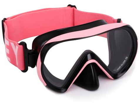 HIKOTEY Gafas de Bucear para Niños con Correa Ajustables de Tela Suave,Máscara de Buceo de Vidrio Templado de Alta Definición Panorámica de 180°,Anti-vaho,Apto para Niños de 4 a 16 Años.(Rosa y negro)
