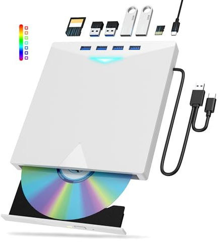 External CD/DVD Drive for Laptop PC,8 IN 1 LED Portable DVD Drive CD Burner CD-ROM DVD-/+RW Writer Reader with TF/SD Card Slots,USB 3.0 DVD Drive External,Compatible with Mac,Windows 11/10/8/7,Linux