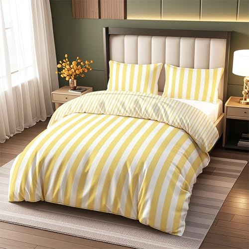 Vryxel Striped Bedding Double Duvet Cover Set Bed Zipper Yellow Beige 200×200CM