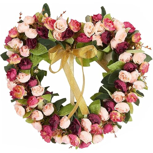 Heart-Shaped Wreath for Front Door 14inch Artificial Pink Rose Artificial Floral Wreath Spring Garland with Ribbons for Front Door Windows Wall Home Party Wedding Decorations
