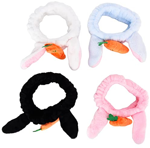 Fdit Ensemble de 4 Bandeaux Polyvalents avec Oreilles de Carotte, Bandeau Doux avec Oreilles de Lapin pour le Bain et Masque Facial, adapté aux Costumes de Fête de Pâques, Tissu Noir/blanc/bleu/rose
