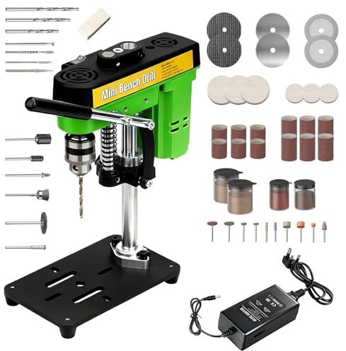 Mini Bench Drill Press, Portable Pillar Drill Press 7 Speed Benchtop Drilling Machine with 52Pcs Drilling Accessories AC/DC Table Driller Bench Machine for DIY Woodwork, Metal, Jewelry Craft