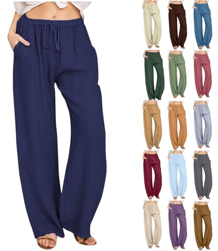 white linen trousers womens,Linen Trousers Womens 2026 Casual Summer Fashion Loose Fit Lounge Pants with Pockets Elastic Waist Wide Leg Boho Trouser Ladies Cropped Holiday Tracksuit Bottom Joggers