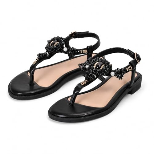 CLEIKS Sandali Donna Infradito Eleganti con Decorazioni Floreali e Strass Cinturino Regolabile Scarpe Estive Basse Casual da Spiaggia Vacanza e Cerimonia WFF260276IT