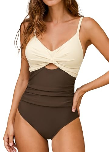 CUPSHE Women's Swimming Costume Tummy Control Swimwear Twist Front Cutout Adjustable Straps Ruched One Piece Swimsuit Beige/Brown L