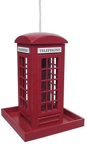 Unibos Red Deluxe Novelty Traditional Telephone Box Decorative Bird Table Seed Nut Suet Feeder Feeding Station Wooden Garden Wild Bird Feeder Tray With Hanging Cord