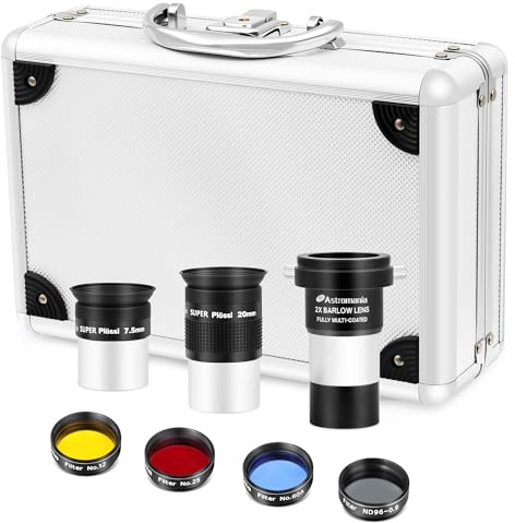 Astromania 1.25 Inch Telescope Eyepiece Filter Kit with 2pcs Plossl Eyepieces, 3pcs Planetary Filters, Moon Filter and 2X Barlow Lens - A Useful Set of Telescope Accessory Kit for Newcomer Astronomy
