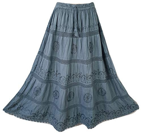 Doorwaytofashion Women Cotton Maxi Full Length Skirt Embroidered Boho Casual Festival Summer UK 8 10 12 14 16