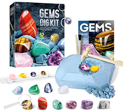 EDUMAN Ausgrabungsset für Kinder ab 6 8 10, Experimentierset Grabe 12 echte Mineralien Edelstein selbst aus, mit Hammer und Meißel, Geschenk Geburtstag Party Set für Jungen und Mädchen