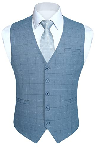 HISDERN Chaleco de traje para hombre clásico a cuadros chalecos de boda traje chaleco para negocios, azul, M