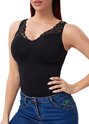Joyshaper Débardeur Gainant Femme Ventre Plat Sans Couture Gaine Amincissante Tank top Haut Sculptant Sans Manches Dentelle Lingerie Sculptante Camisole, Noir, L