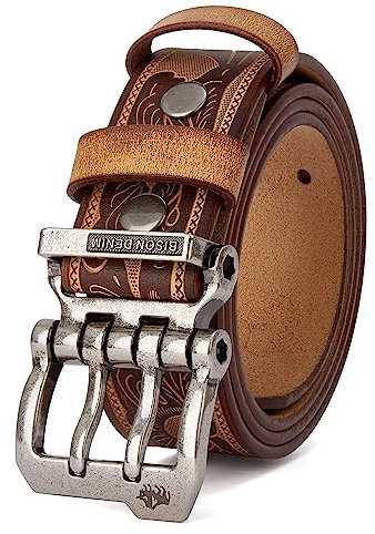 BISON DENIM Herren Gürtel aus Echtem Leder – 38 mm Breiter Ledergürtel mit Doppelter Nadel-Schließe – Casual Jeansgürtel für Männer
