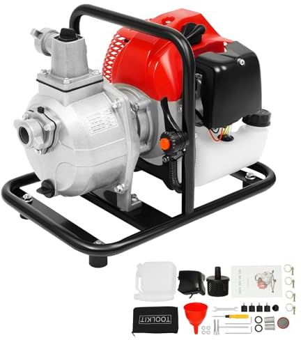 BJTDLLX Bensin vattenpump 43cc vattenpump motorpump, 20 000 l/h bensin motorpump smutsvattenpump med 2-taktsmotor, 80 m flödeshöjd, 1,5 tums anslutning, 1,2 l tank | EU-stav