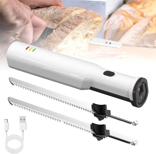Coltello da intaglio elettrico, Coltello da pane ricaricabile a batteria, Coltello da bistecca portatile con due lame in acciaio inossidabile Rilascio di trigger di blocco di sicurezza per pane