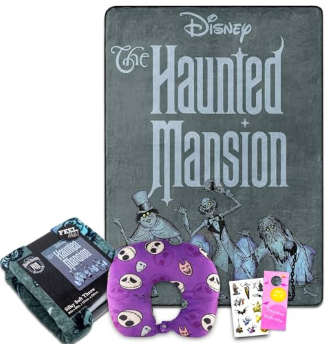Disney Haunted Mansion Reisedecke und Kissen-Set – Bündel mit Haunted Mansion Decke, Jack-Skellington-Nackenkissen, Aufklebern, mehr, Disney Raumdekoration für Kinder, Teenager
