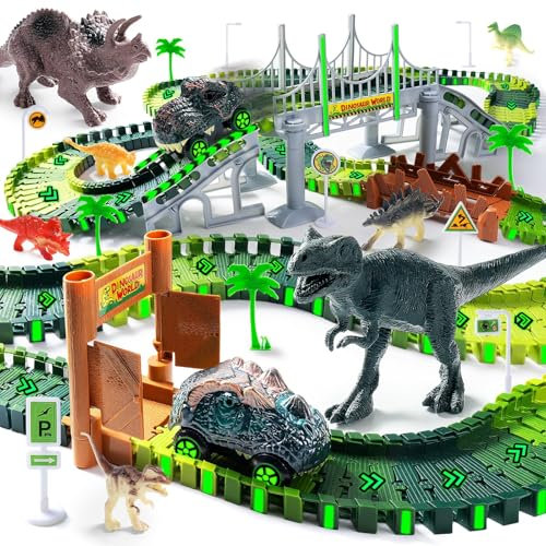 TIBISI Dinosaurier Spielzeug Autorennbahn Rennbahn, 218 Stück Racing Track DIY Kinderspielzeug mit 2 Stück Dinosaurier Autos für 3 4 5 6 Jahre alt Jungen Mädchen Geburtstag Party Gunst Geschenk