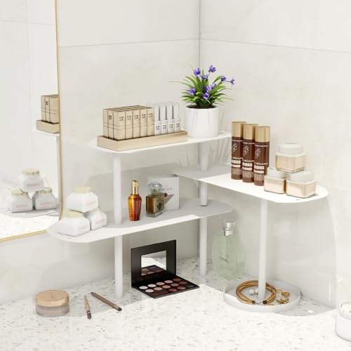 STWWO Organizer für Küche Arbeitsplatten, Verstellbar Eckregal Schreibtisch Organizer Metall Gewürzregal mit 3 Etagen Kaffeebarständer Vertikale Rack für Esszimmer Küchen Badezimmer, Weiß
