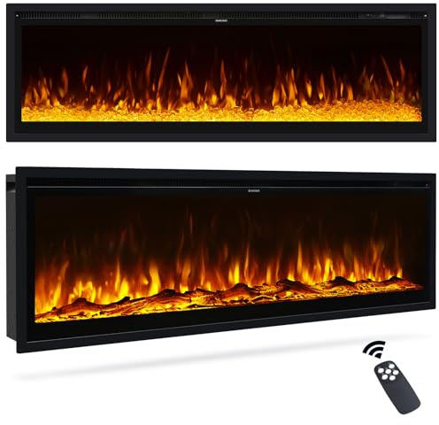 INMOZATA Electric Fire 60inch/152cm Wall Mounted/Recessed/Freestanding Electric Fireplace with Remote Control, 12 Colour Flame Effect Media Wall Fireplace, Crystal & Log Set, 900W&1800W(60/152cm)