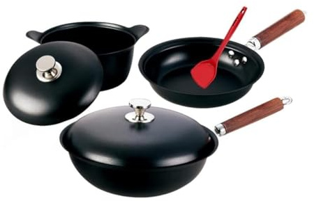 ZOCWJK Kitchen Cookware Sets, 3Pcs Cookware Set Wok Soup Pot Glass Lid Frying Pan Wrought Iron Non-Stick Cooking Pot Set Kitchen Cooking Set Cooking Pots(