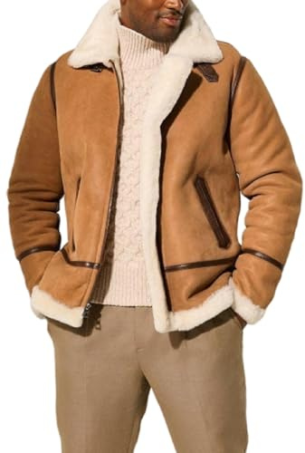 ZM ATTIRE Veste en cuir de daim en peau de mouton marron pour homme Style Hiver Aviateur B3 Bomber Pilote, Marron - Cuir suédé, XXL
