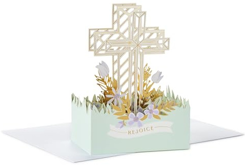Hallmark Paper Wonder Religious Pop-Up Card (Rejoice, Gold Cross with Purple Flowers) for Confirmation, First Communion