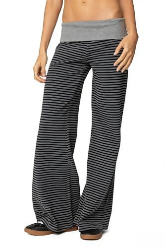 BEWECASU Women Lounge Yoga Pants Fold Over Low Waist Wide Leg Sweatpants Flare Leggings Bell Bottoms Y2K Foldover Pants(Light Gray,S)