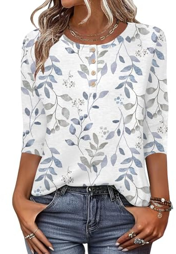 Zeagoo T-shirt för damer, med 3/4-ärm, tröja med rund hals, basic topp, Henly till sommaren, ledig, lätt och lång, storlek S–XXL
